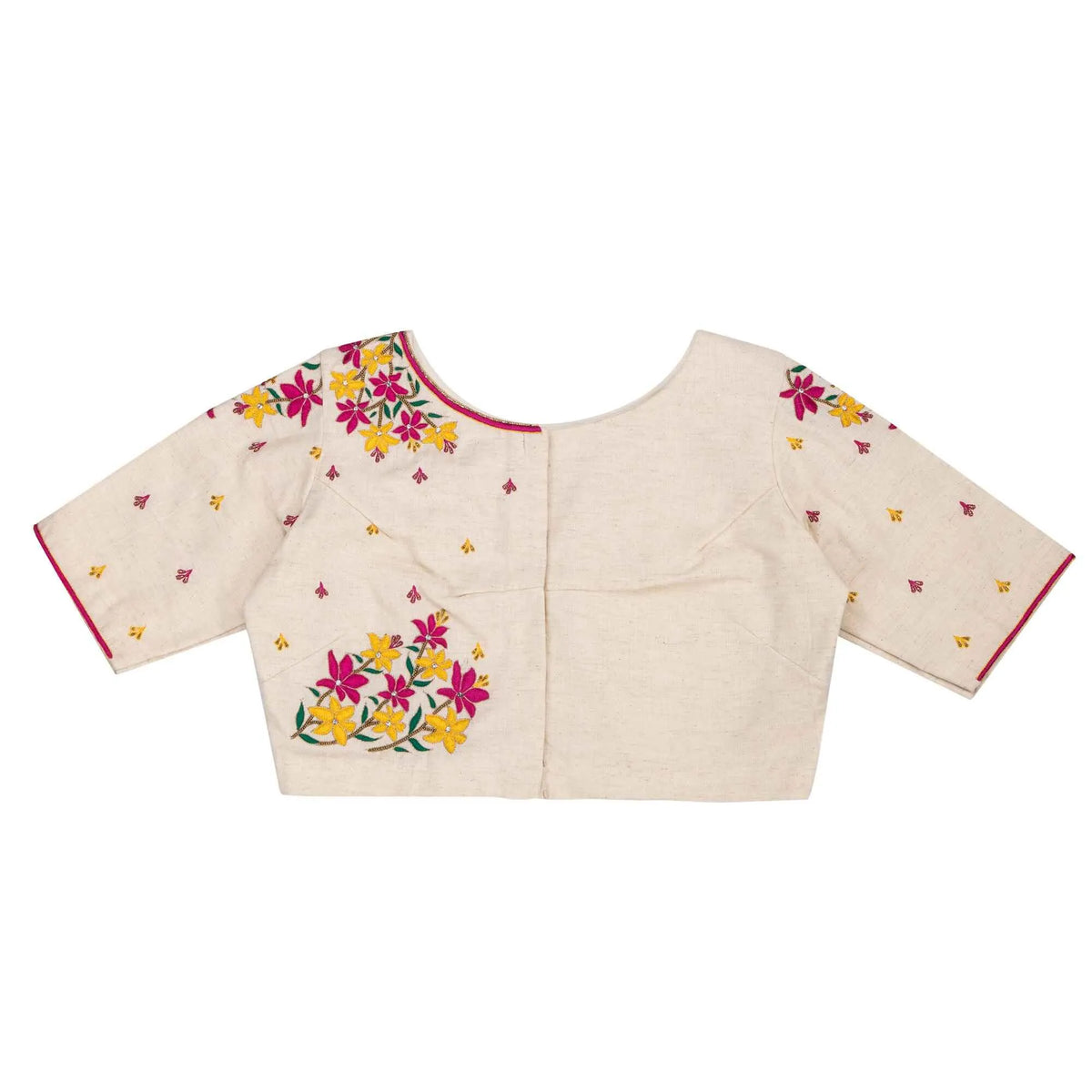 Flat front view of the ivory blouse, floral clusters at the shoulders and left waist