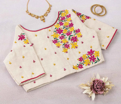 Off-White Floral Blouse – Fuchsia and Yellow Embroidered Elegance.