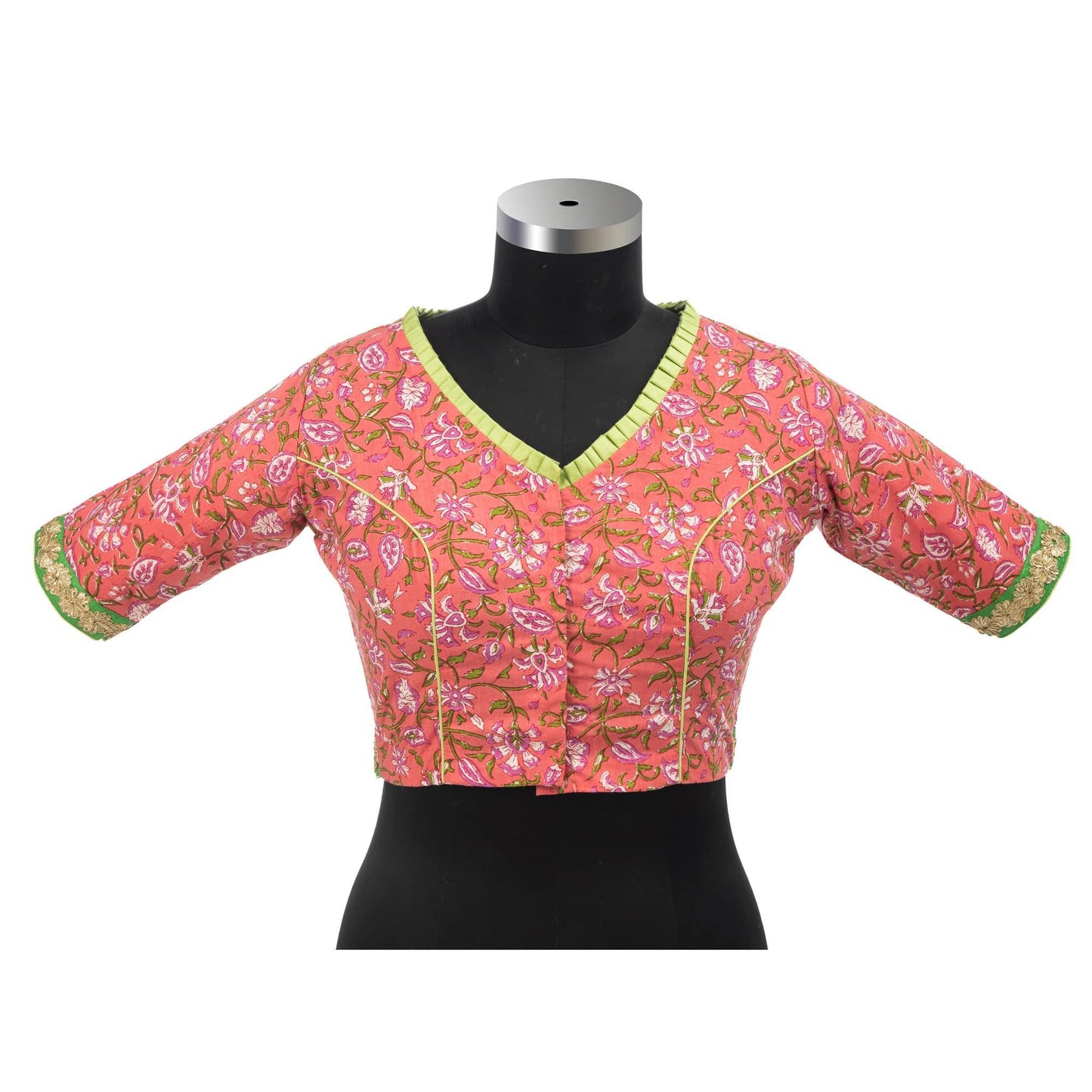 Peachish Pink Floral Cotton Blouse – Elegant Pleated V-Neck Design.