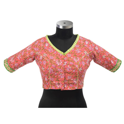 Peachish Pink Floral Cotton Blouse – Elegant Pleated V-Neck Design.