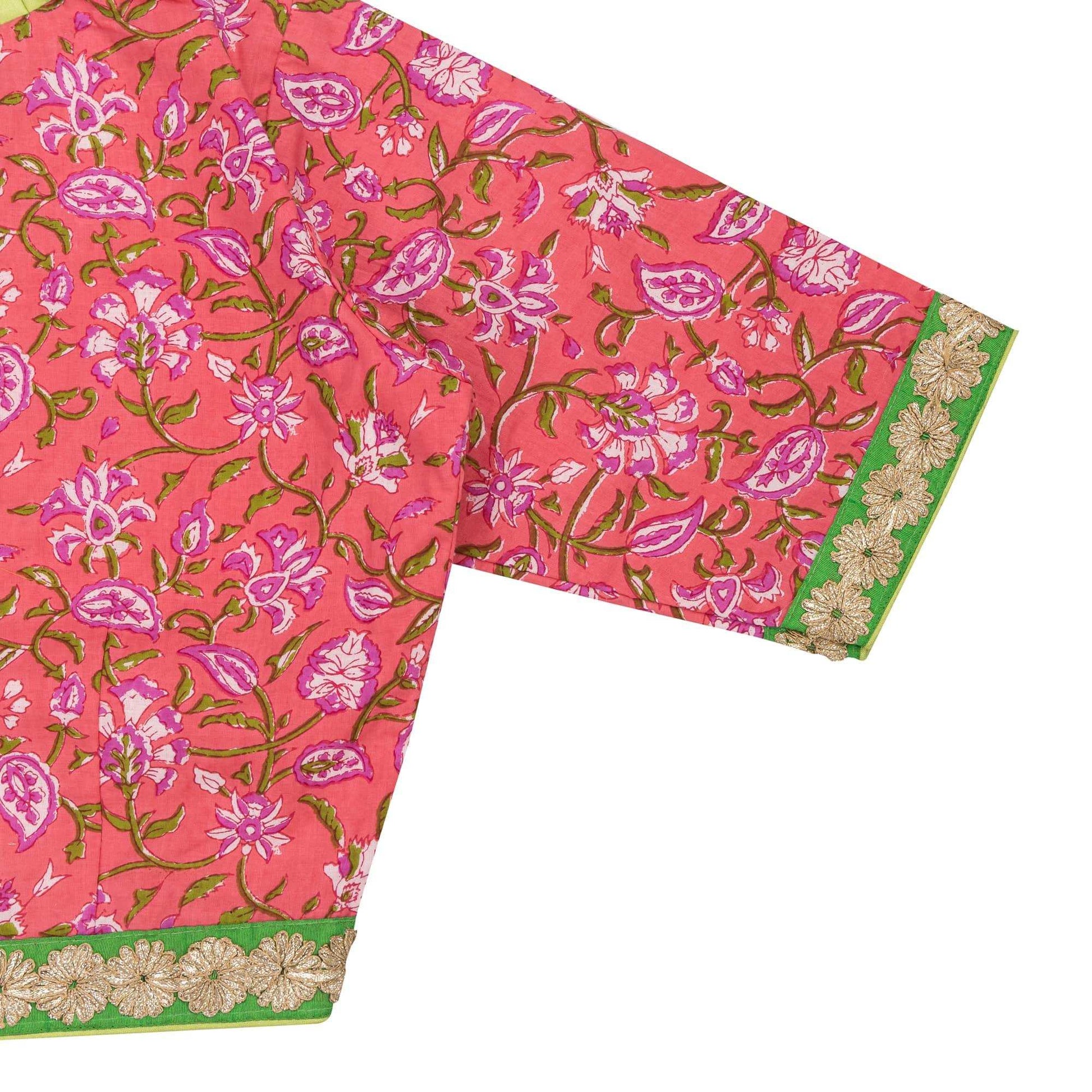 Peachish Pink Floral Cotton Blouse – Elegant Pleated V-Neck Design.