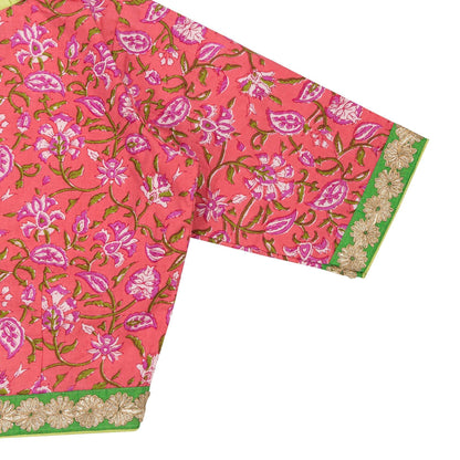 Peachish Pink Floral Cotton Blouse – Elegant Pleated V-Neck Design.