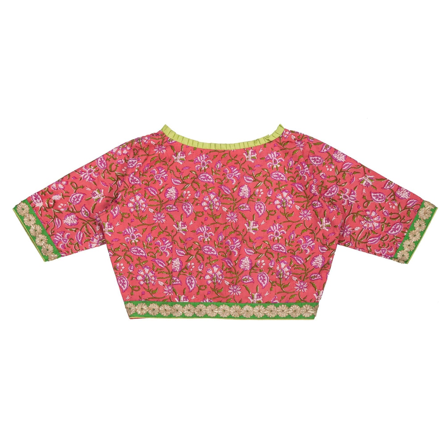Peachish Pink Floral Cotton Blouse – Elegant Pleated V-Neck Design.