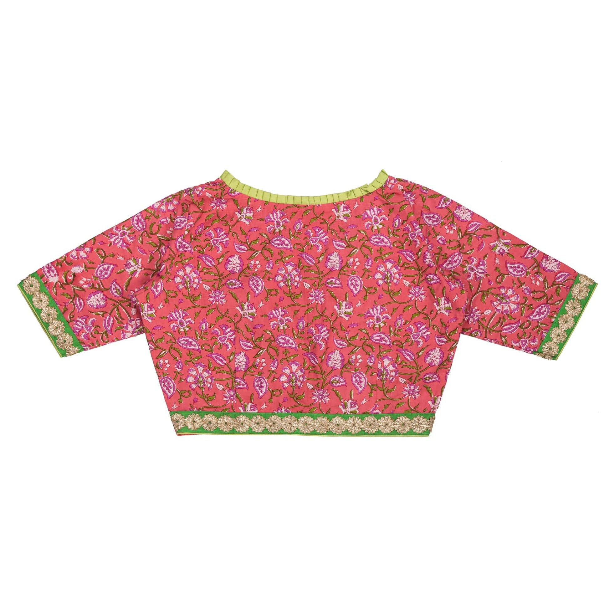 Peachish Pink Floral Cotton Blouse – Elegant Pleated V-Neck Design.