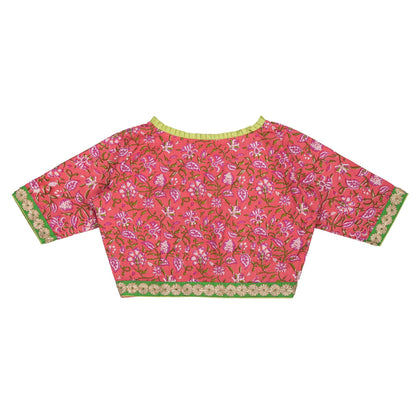 Peachish Pink Floral Cotton Blouse – Elegant Pleated V-Neck Design.