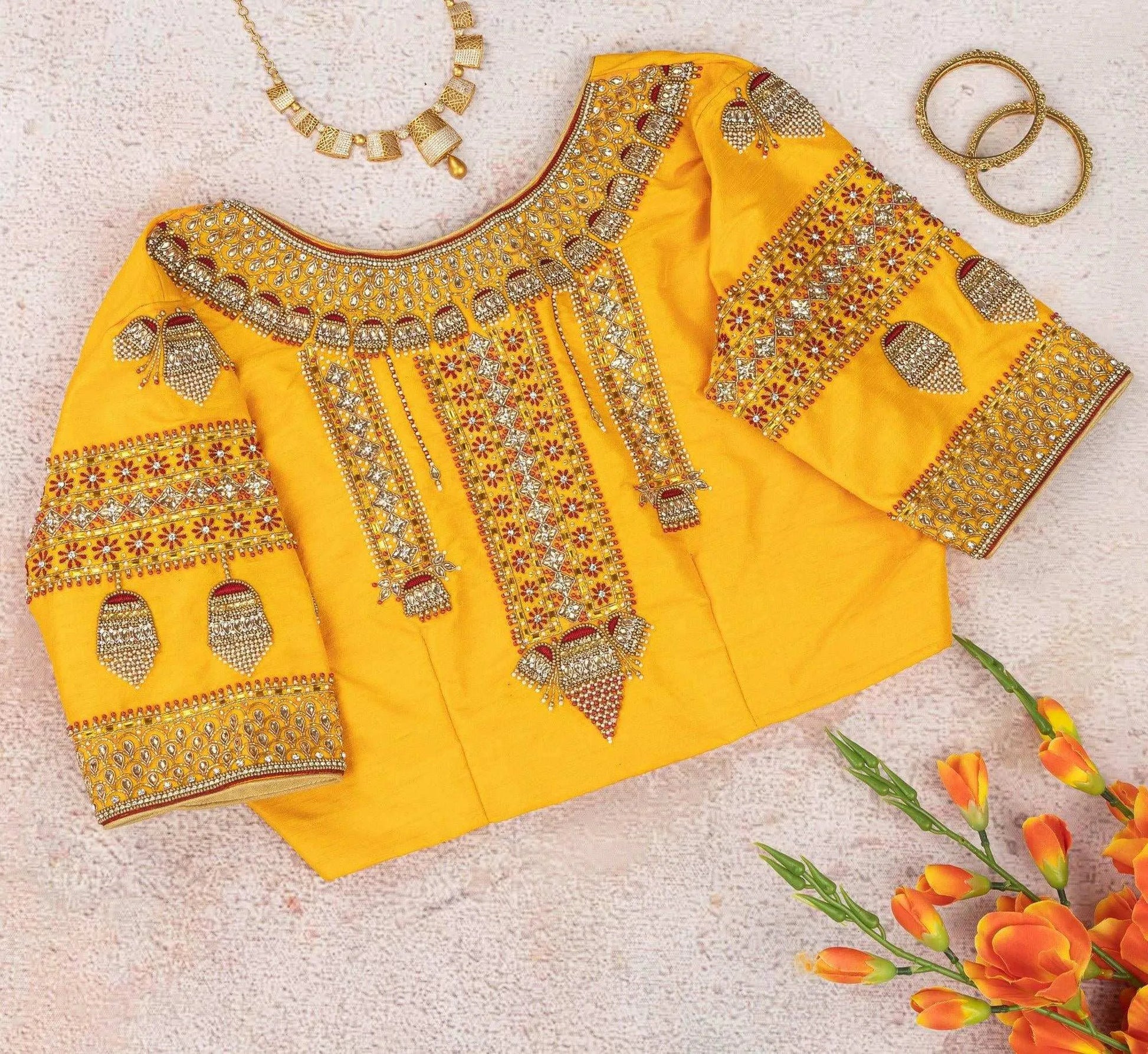 Pila Jhumka Blouse Handcrafted Chrome Yellow Designer Blouse.