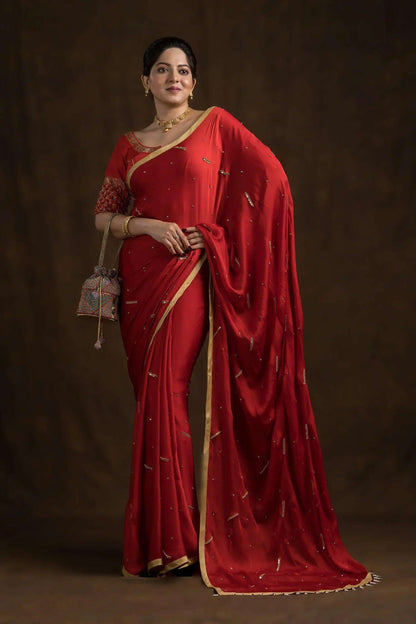 Crimson Red Blouse With Red Beads Tassels Blouse.