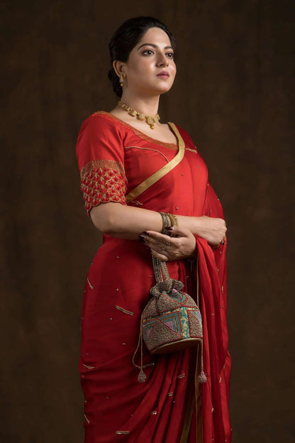 Crimson Red Blouse With Red Beads Tassels Blouse.