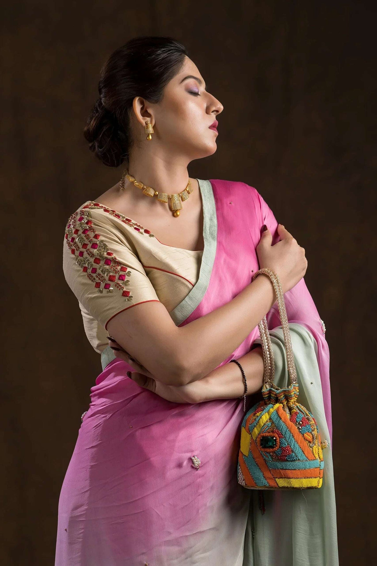 Chrome Yellow Brocade Fusion Potli Bag.