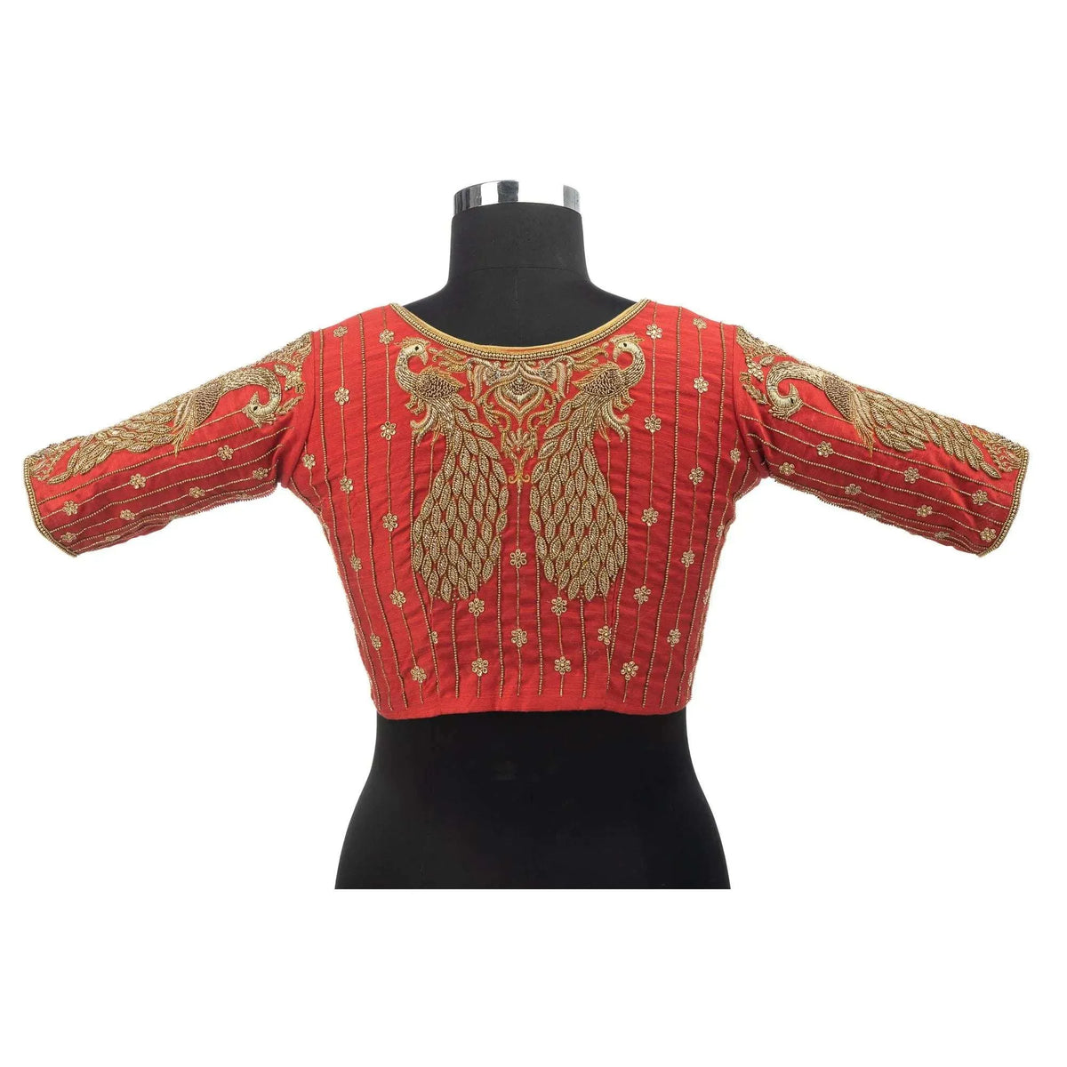 Red Shade Peacock Motif Embroidery Blouse.