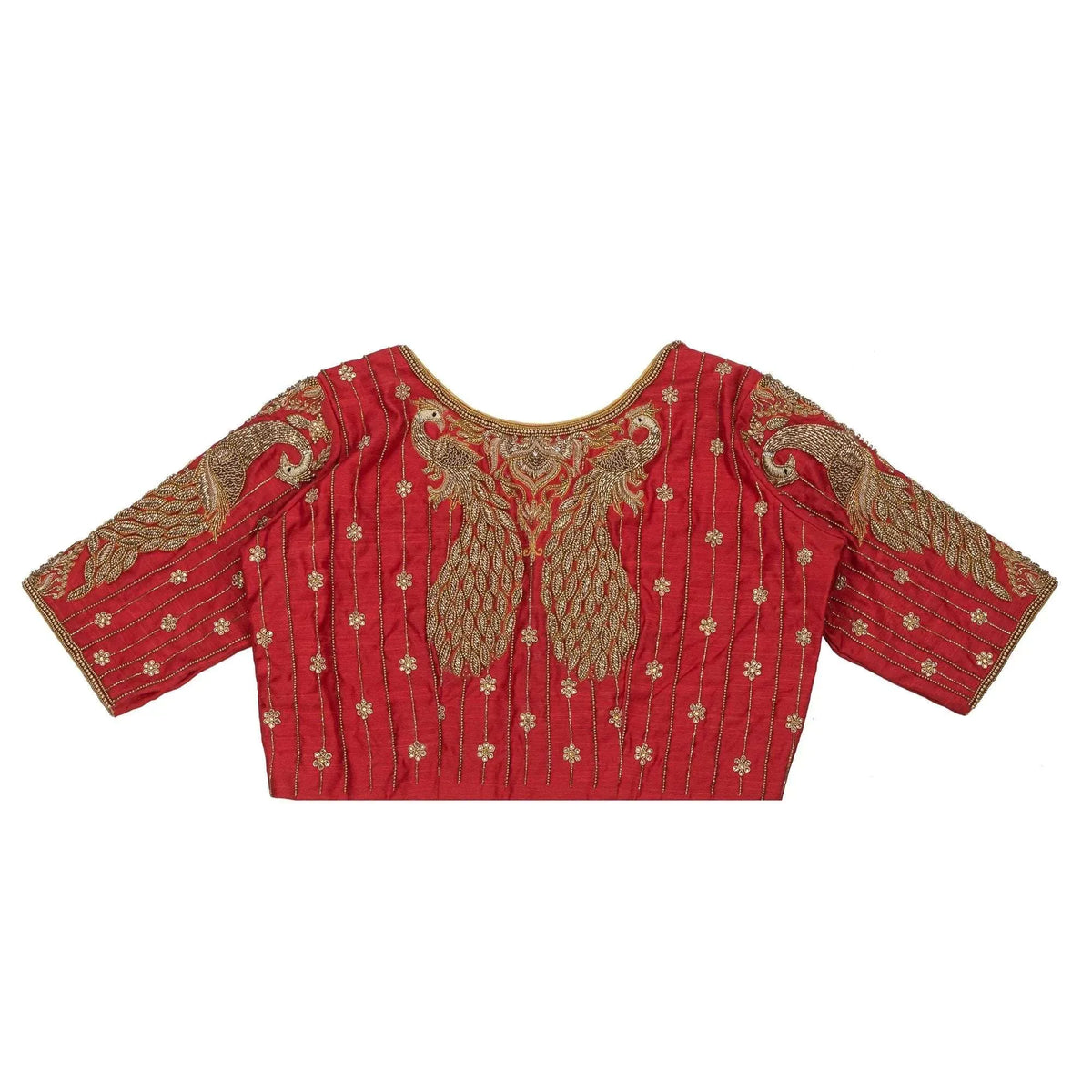 Red Shade Peacock Motif Embroidery Blouse.