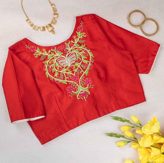 Rose Red Butterfly Blouse – Vibrant Embroidered Elegance - Kizmit Designs Store