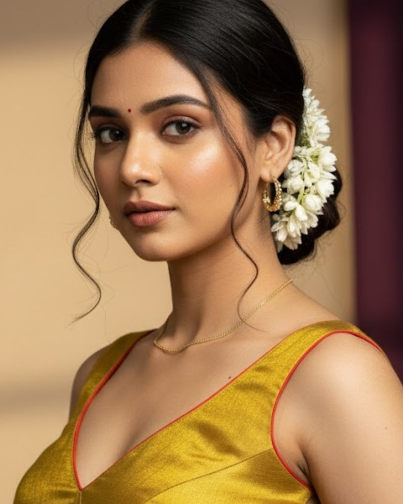 Model in the sleeveless gold tissue blouse with red-piped V neck, jasmine gajra in her bun