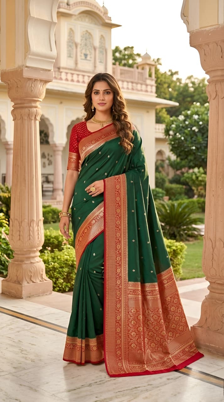 Model wearing a bottle green Banarasi soft silk saree with a red contrast border and blouse