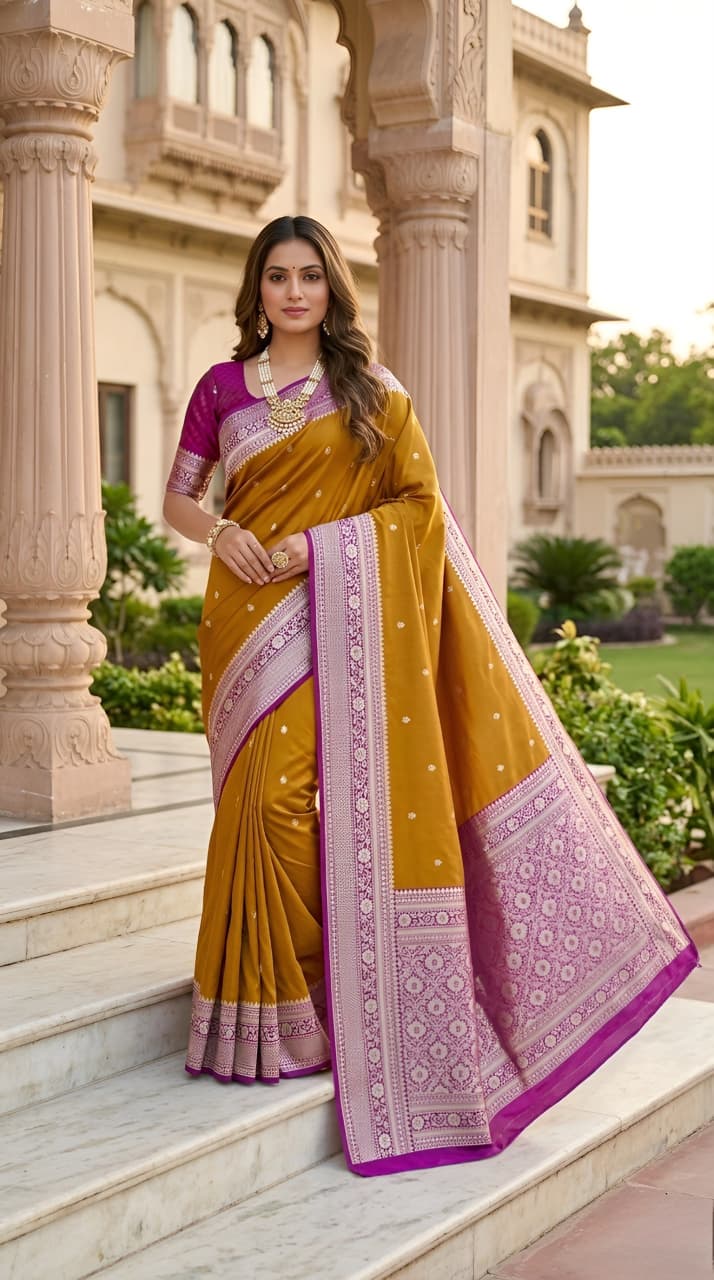 Model wearing a mustard gold Banarasi soft silk saree with a magenta contrast border and blouse