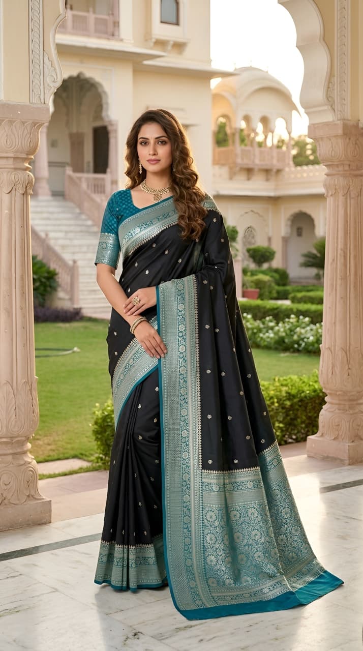 Model wearing a black Banarasi soft silk saree with a teal contrast border and blouse