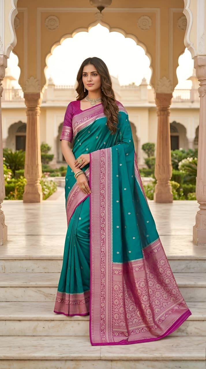 Model wearing a peacock teal Banarasi soft silk saree with a magenta contrast border and blouse