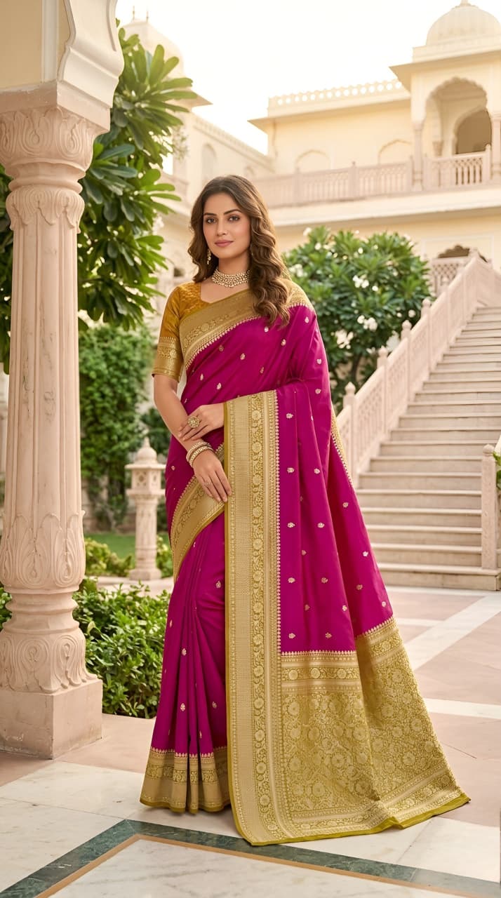 Model wearing a rani magenta Banarasi soft silk saree with an antique gold contrast border and blouse