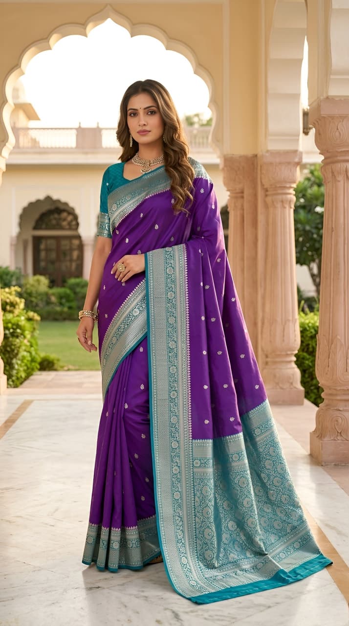 Model wearing a royal purple Banarasi soft silk saree with a teal contrast border and blouse
