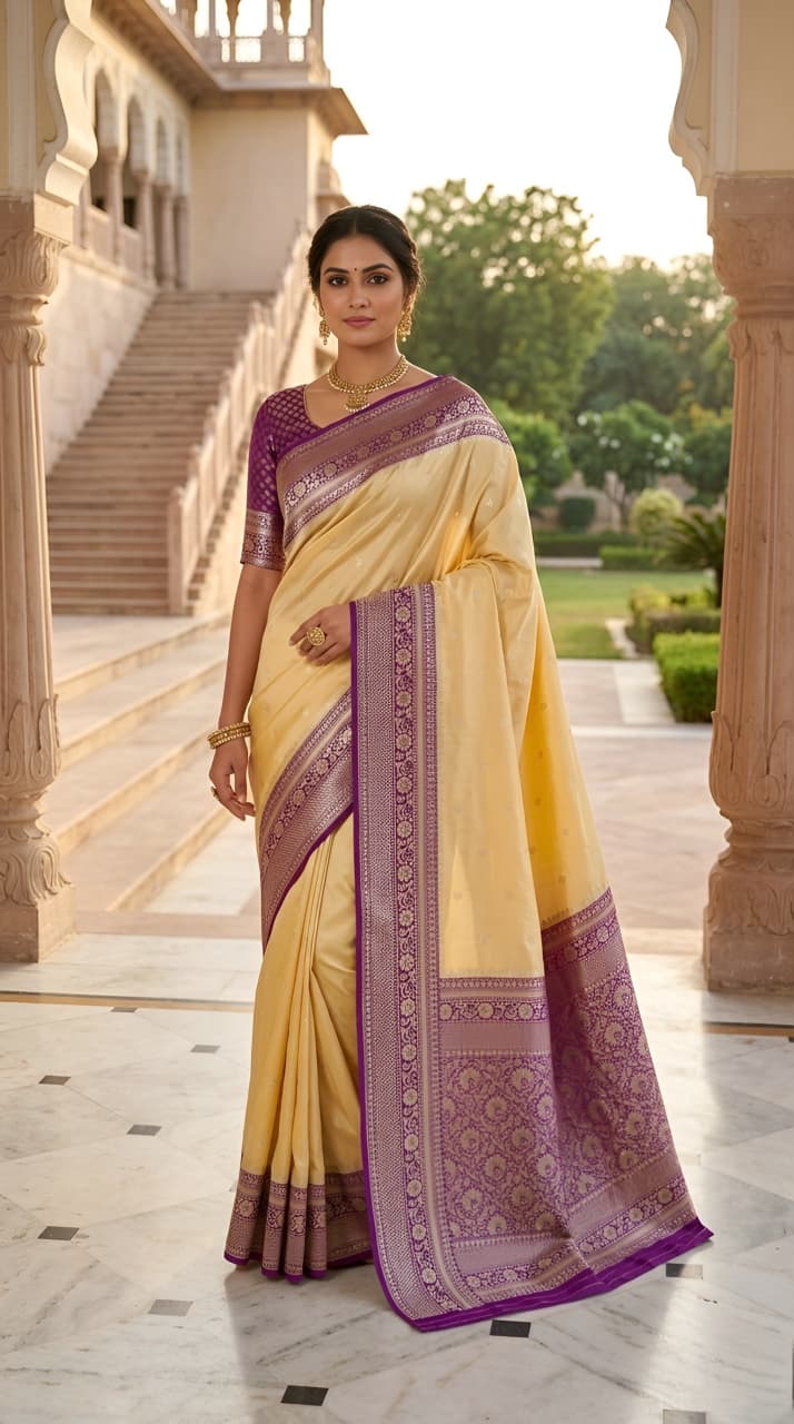 Model wearing a butter cream Banarasi soft silk saree with a purple contrast border and blouse