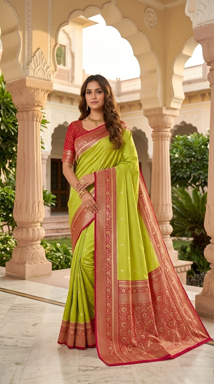 Model wearing a lime green Banarasi soft silk saree with a red contrast border and blouse