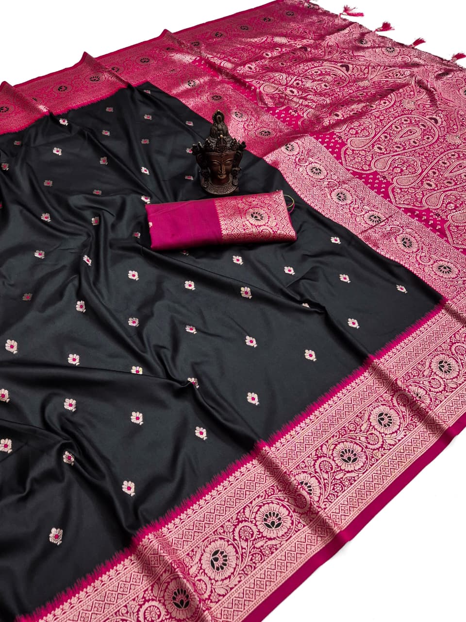Black Banarasi Paithani soft silk saree with rani pink border and paisley zari pallu