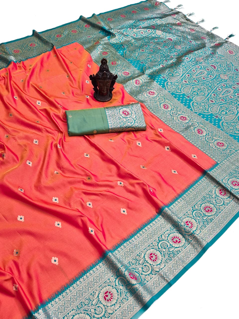 Coral Banarasi Paithani soft silk saree with teal border and paisley zari pallu