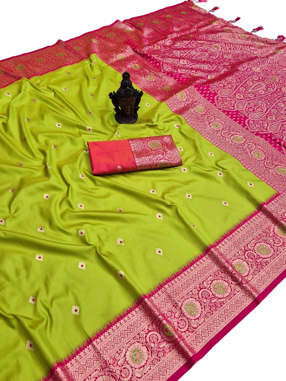 Lime green Banarasi Paithani soft silk saree with rani pink border and paisley zari pallu
