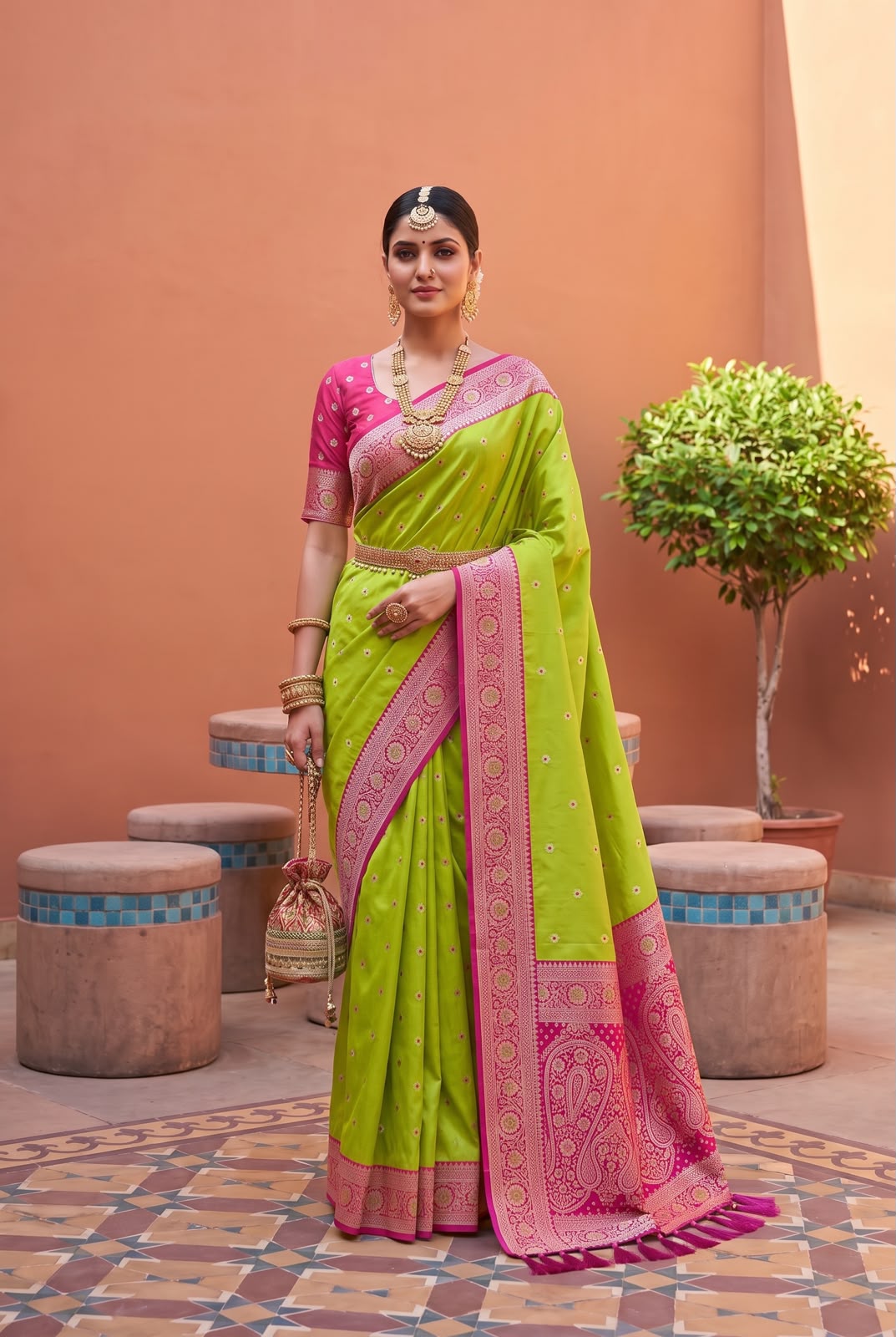 Model wearing the lime green Banarasi Paithani saree with rani pink contrast border
