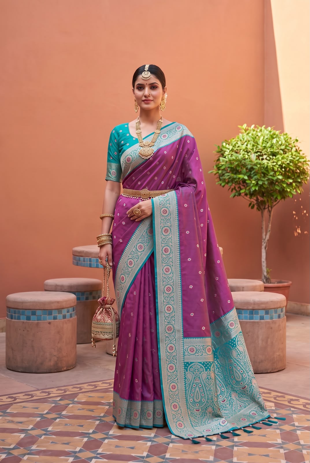 Model wearing the orchid magenta Banarasi Paithani saree with teal contrast border