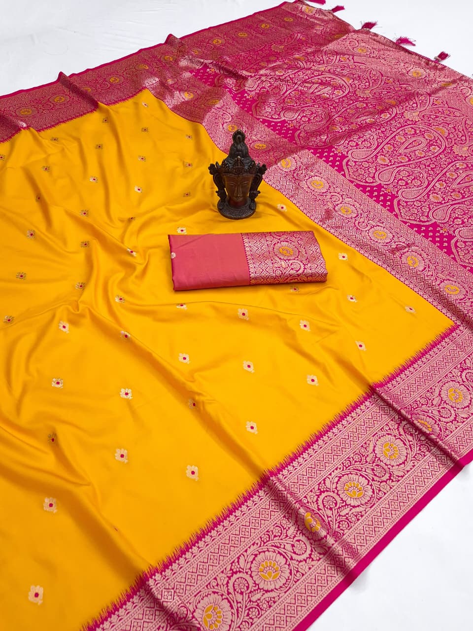 Mustard yellow Banarasi Paithani soft silk saree with rani pink border and paisley zari pallu