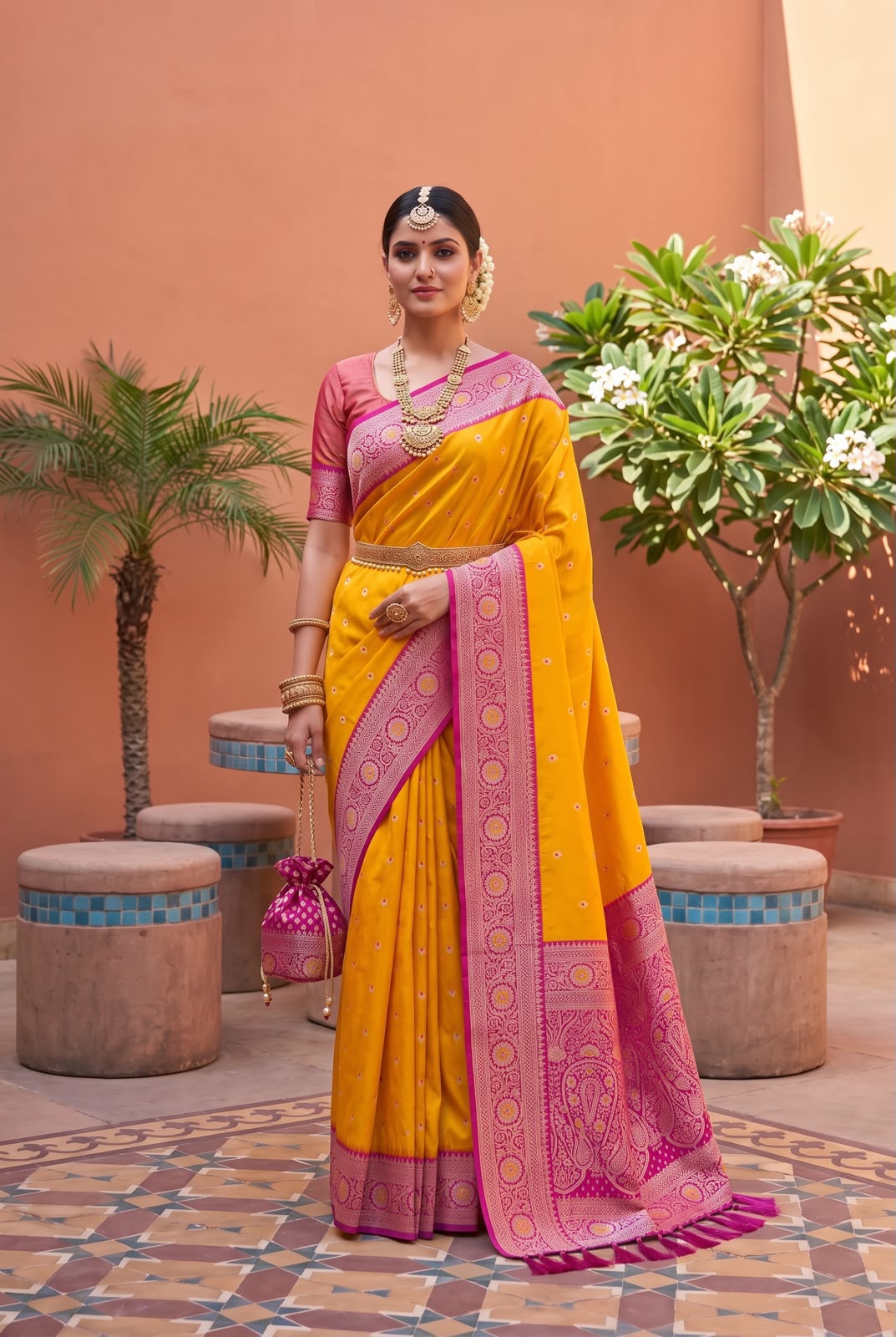 Model wearing the mustard yellow Banarasi Paithani saree with rani pink contrast border
