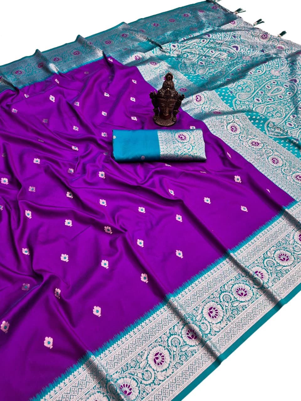 Royal purple Banarasi Paithani soft silk saree with teal border and paisley zari pallu