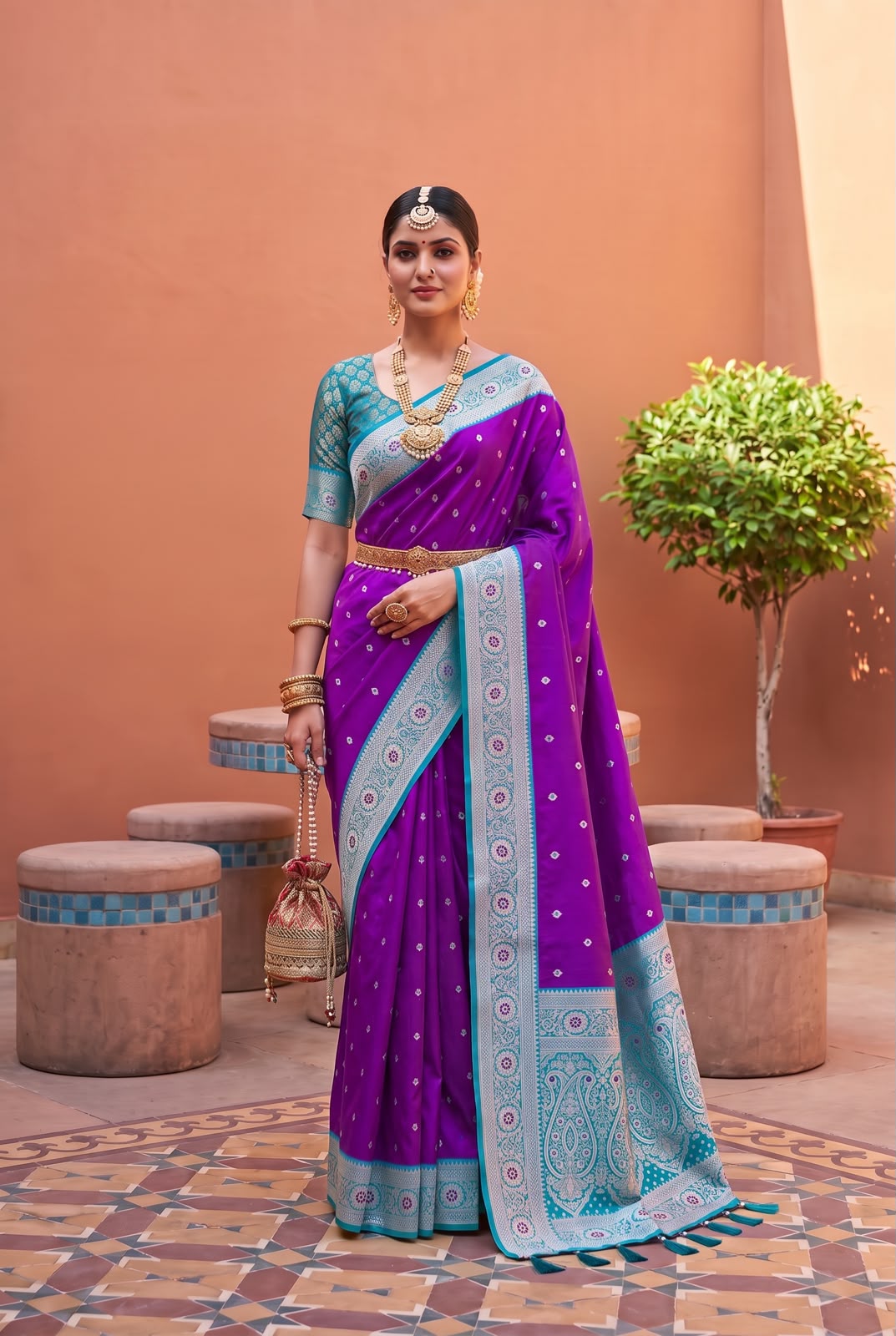 Model wearing the royal purple Banarasi Paithani saree with teal contrast border