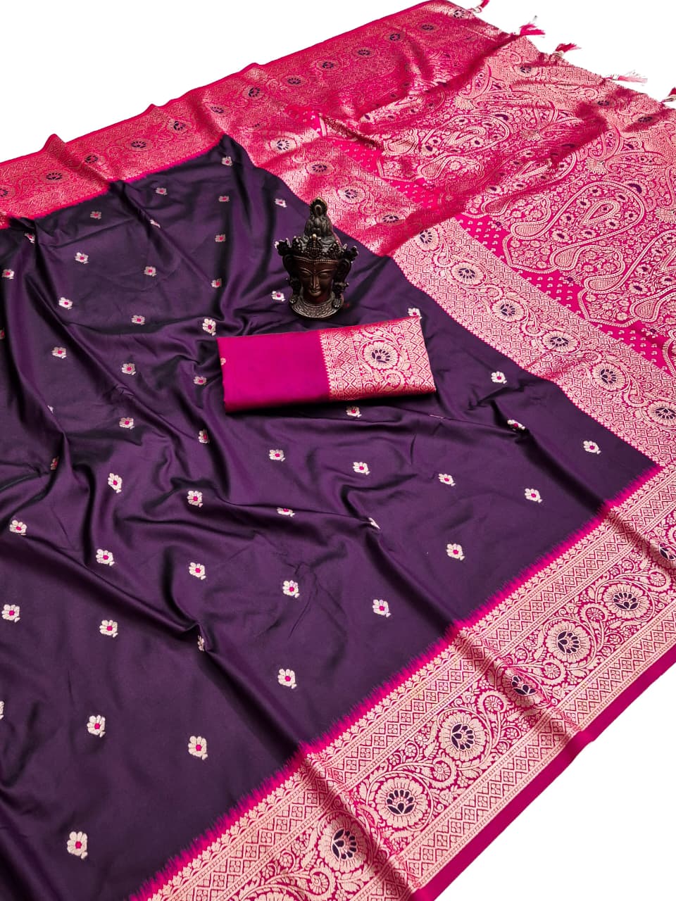 Aubergine Banarasi Paithani soft silk saree with rani pink border and paisley zari pallu
