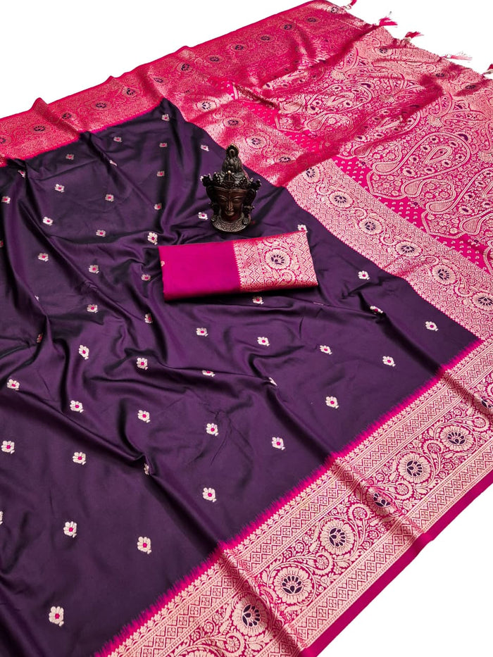 Aubergine Banarasi Paithani soft silk saree with rani pink border and paisley zari pallu