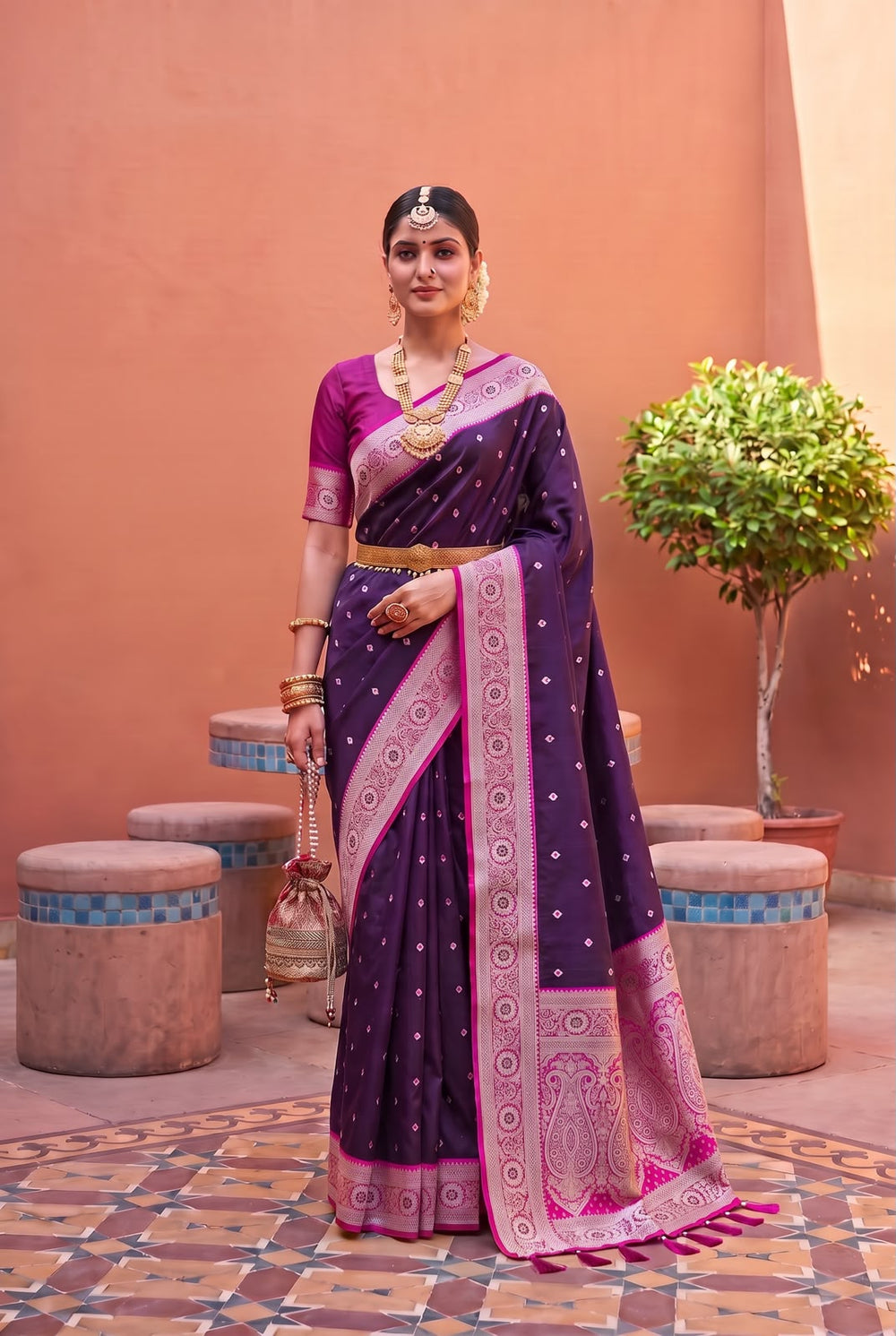 Model wearing the aubergine Banarasi Paithani saree with rani pink contrast border