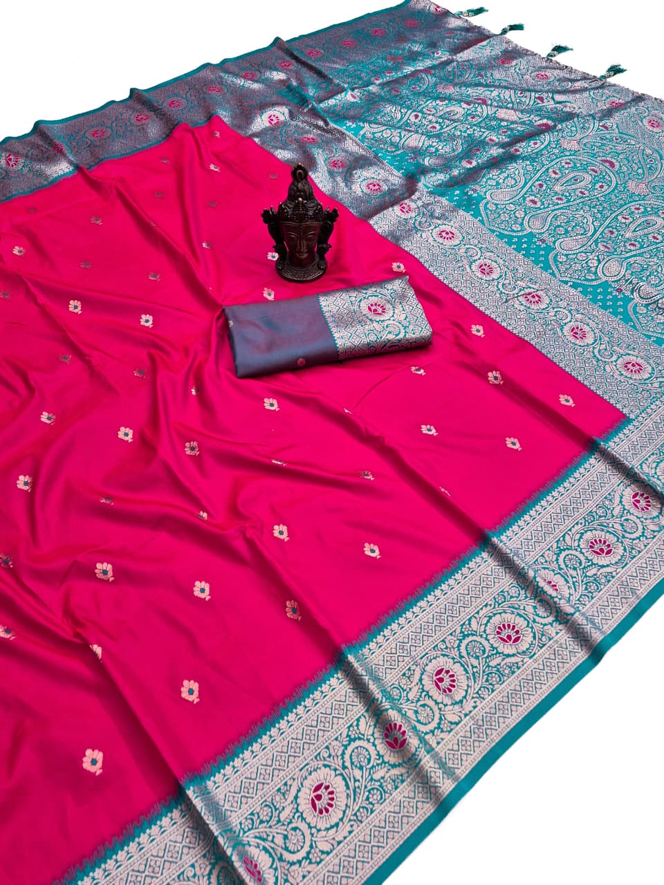 Rani pink Banarasi Paithani soft silk saree with teal border and paisley zari pallu