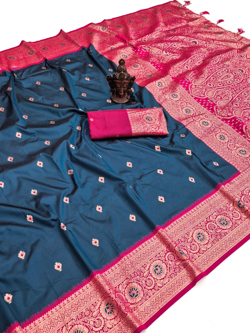 Teal blue Banarasi Paithani soft silk saree with rani pink border and paisley zari pallu