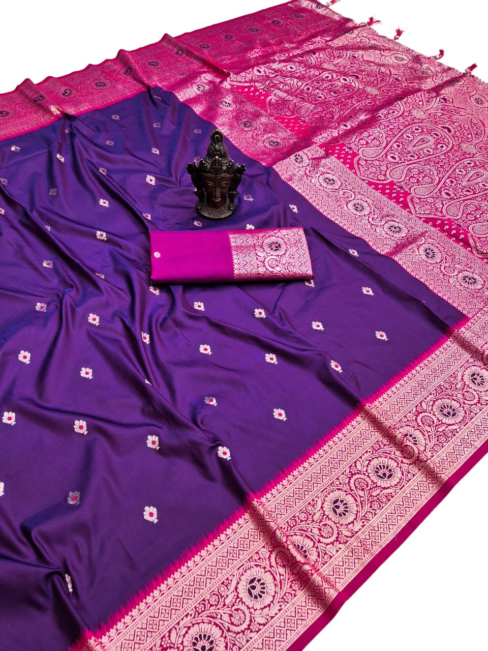 Indigo violet Banarasi Paithani soft silk saree with rani pink border and paisley zari pallu