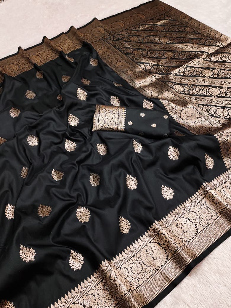 Black Banarasi soft silk saree with allover gold zari buta and rich paisley pallu