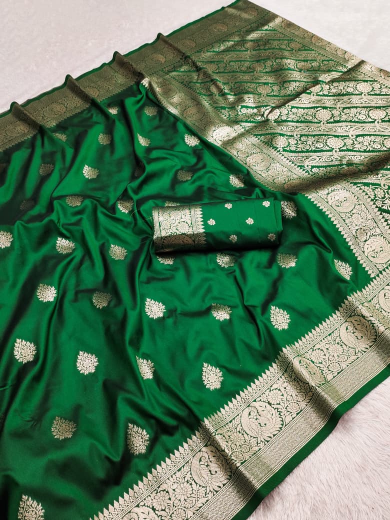 Bottle green Banarasi soft silk saree with allover gold zari buta and rich paisley pallu