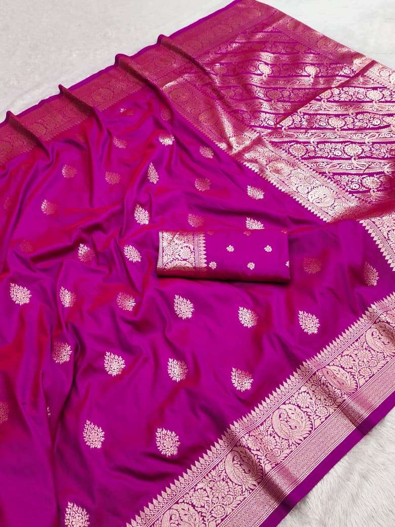 Magenta purple Banarasi soft silk saree with allover gold zari buta and rich paisley pallu