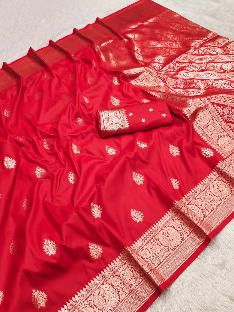 Red Banarasi soft silk saree with allover gold zari buta and rich paisley pallu