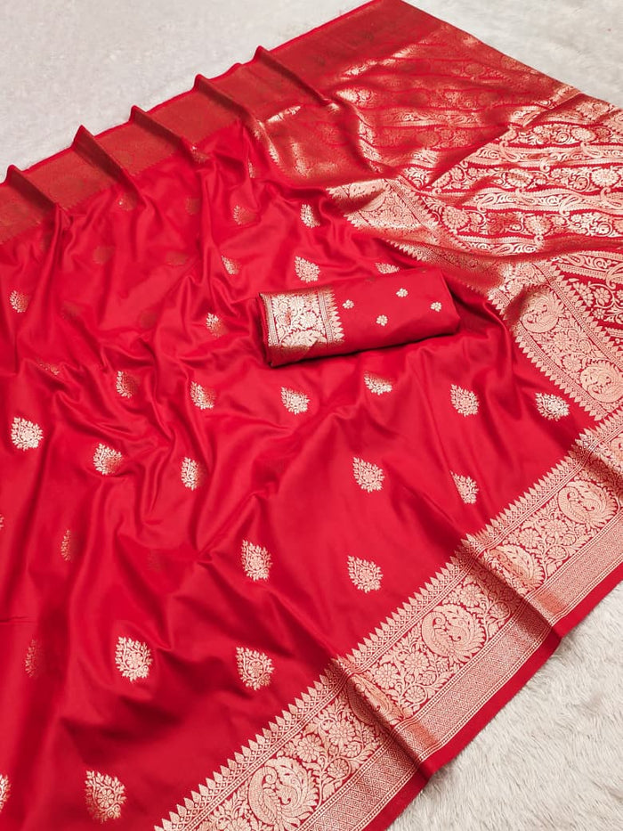 Red Banarasi soft silk saree with allover gold zari buta and rich paisley pallu