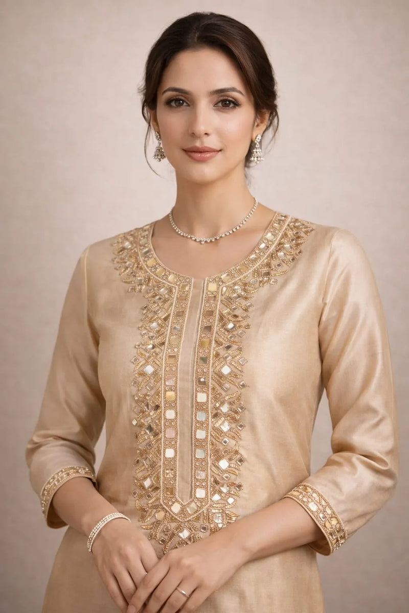 Model in the beige kurta with mirror-work embroidery around the neckline and sleeve cuffs