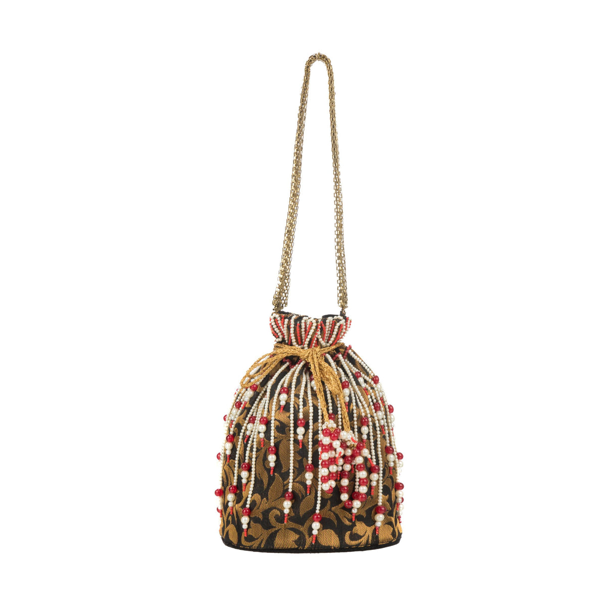 Black potli bag suspended from its long gold chain handle, plain background