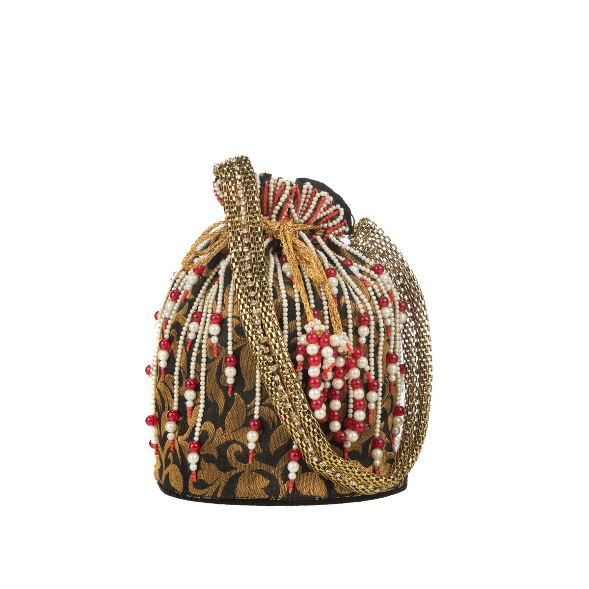 Gold chain handle looped around the black brocade potli, bead fringe over the body