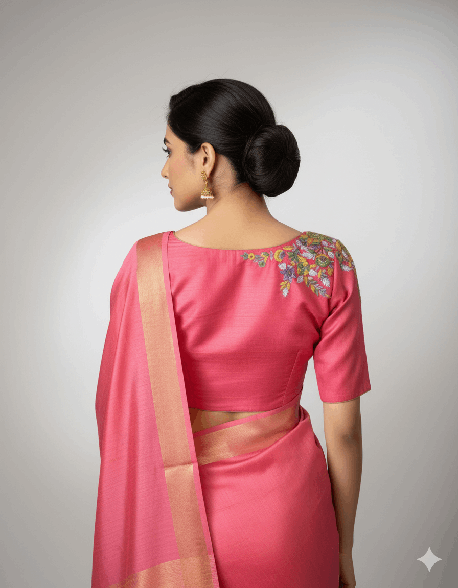 Model from behind in the pink blouse, floral embroidery on the shoulder, pink saree draped