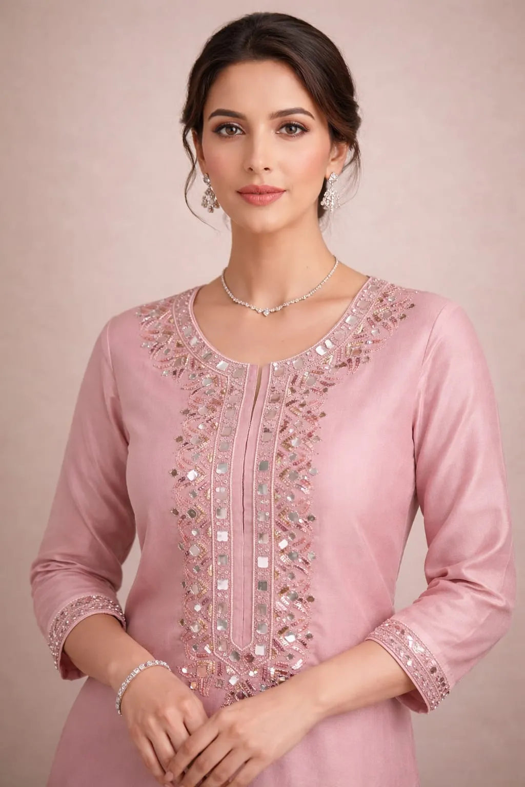 Chand Gulabi pink kurta worn by a model, mirror-work yoke and embroidered sleeve cuffs